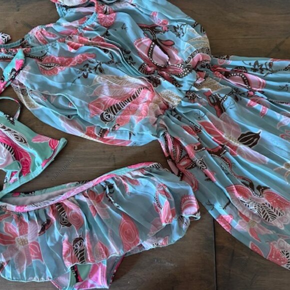 3 pc Girls Mint floral Swimsuit & Cover up Dress8423